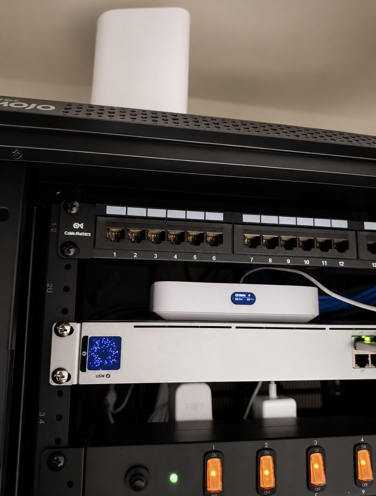 Patch panel and switch installed in a server rack