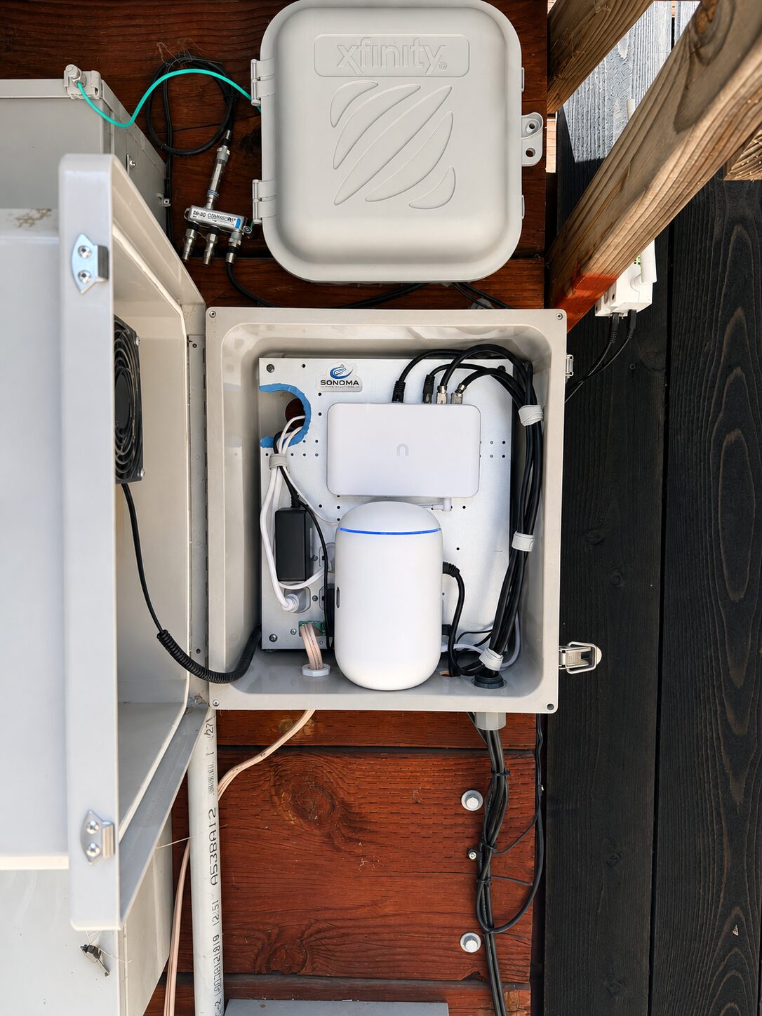 Weatherproof outdoor network enclosure, labeled and organized